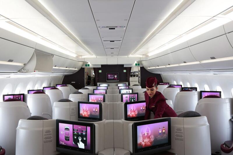 An overview of the business class section on a Qatar Airways A380. Jason Alden / Bloomberg