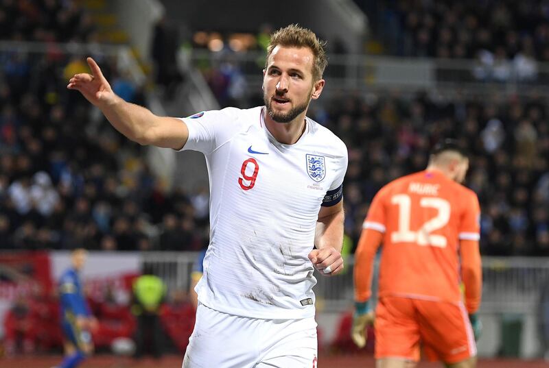 PRISTINA, KOSOVO - NOVEMBER 17:  Harry Kane of England celebrates after scoring his team's second goal during the UEFA Euro 2020 Qualifier between Kosovo and England at the Pristina City Stadium on November 17, 2019 in Pristina, Kosovo. (Photo by Michael Regan/Getty Images)