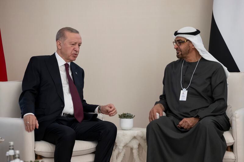 Sheikh Mohamed meets Recep Tayyip Erdogan, President of Turkey, on the sidelines of the World Governments Summit in Dubai on February 13. Hamad Al Kaabi / Presidential Court 