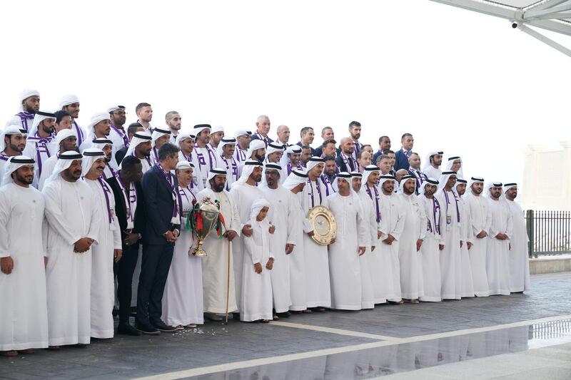 ABU DHABI, UNITED ARAB EMIRATES - October 01, 2018: HH Sheikh Mohamed bin Zayed Al Nahyan Crown Prince of Abu Dhabi Deputy Supreme Commander of the UAE Armed Forces (8th L), stands for a photograph with Al Ain Football Club, during a Sea Palace barza. Seen with HH Sheikh Abdullah bin Mohamed bin Khaled Al Nahyan
(L), HH Sheikh Saeed bin Mohamed Al Nahyan (2nd L),  HH Sheikh Tahnoon bin Mohamed Al Nahyan, Ruler's Representative in Al Ain Region (7th L), HH Sheikh Tahnoon bin Mohamed bin Tahnoon Al Nahyan
, HH Sheikh Hazza bin Zayed Al Nahyan, Vice Chairman of the Abu Dhabi Executive Council (12th L) and HH Sheikh Sultan bin Tahnoon Al Nahyan Abu Dhabi Executive Council Member (15th L). 


( Mohamed Al Hammadi / Crown Prince Court - Abu Dhabi )
---