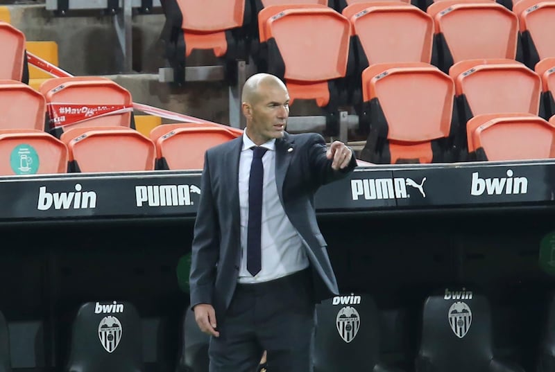 Real Madrid coach Zinedine Zidane gestures during the thrashing at Valencia. AP