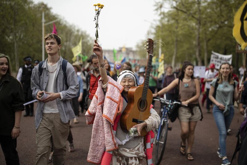 LONDON, ENGLAND - APRIL 23: Extinction Rebellion campaigners march to Parliament Square on April 23, 2019 in London, England. The environmental campaign group today marched from Marble Arch to Parliament square as they continue in their bid to highlight the ongoing ecological crisis. (Photo by Dan Kitwood/Getty Images)