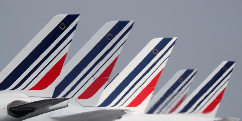 FILE PHOTO: The tails of Air France airplanes parked at the Charles-de-Gaulle airport are seen in Roissy, near Paris, France, May 9, 2018. REUTERS/Christian Hartmann/File Photo