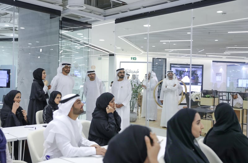 Sheikh Mohammed bin Rashid, Sheikh Mohammed bin Zayed, Sheikh Hamdan bin Mohammed and Shamma Al Mazrui tour the Youth Hub which is designed as a creative space for Emiratis under the age of 30. Wam