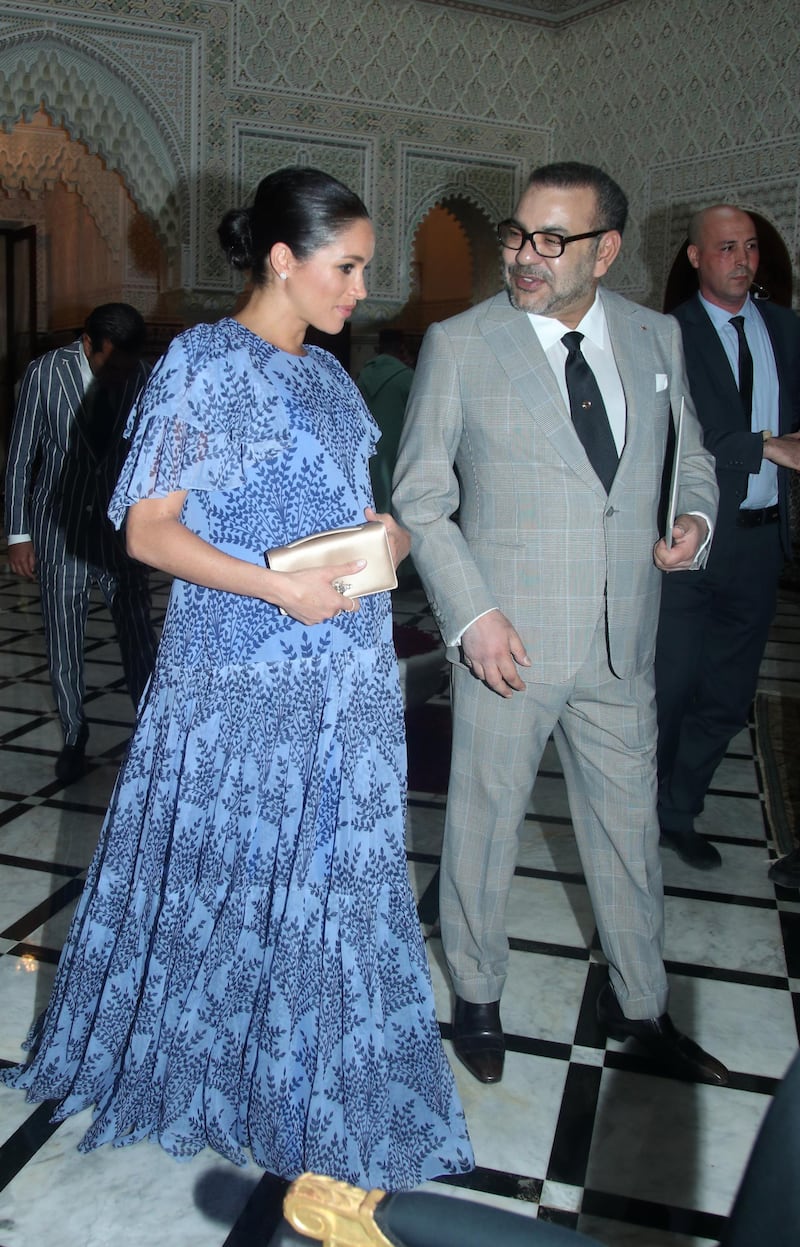 RABAT, MOROCCO - FEBRUARY 25:  Meghan, Duchess of Sussex with King Mohammed VI of Morocco, during an audience at his residence on February 25, 2019 in Rabat, Morocco. (Photo by Yui Mok - Pool / Getty Images)