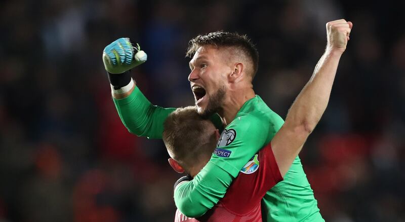 Goalkeeper Tomas Vaclik of Czech Republic (R) and Jakub Brabec celebrate their victory after the UEFA EURO 2020 qualifier soccer match between Czech Republic and England in Prague, Czech Republic.  EPA