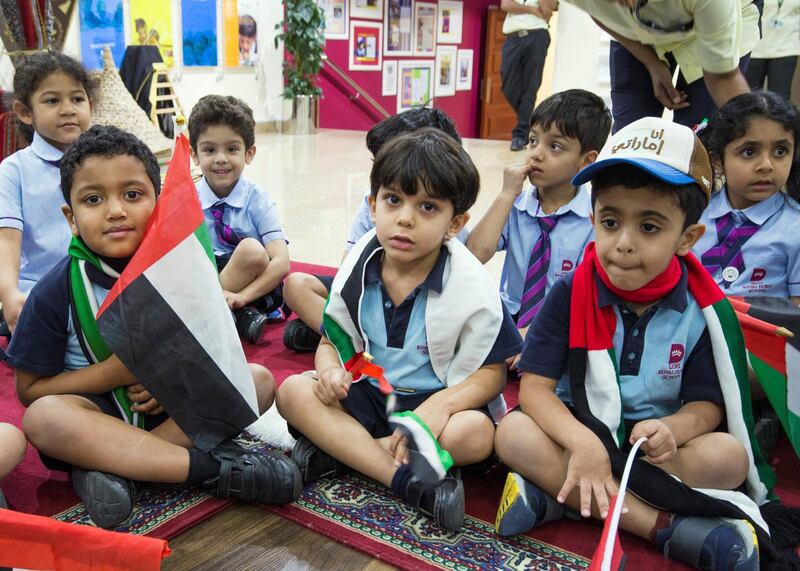 DUBAI, UNITED ARAB EMIRATES - Students from Gems Royal Dubai School speaking at UAE flag day.  Leslie Pableo for The National fro Anam Rizvi’s story