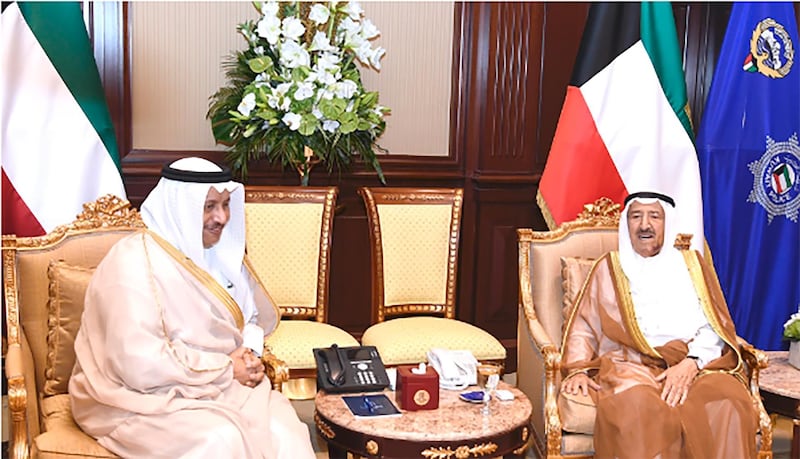 Kuwait’s Emir Sheikh Sabah Al Ahmad with Prime Minister Sheikh Jaber Al Mubarak at Bayan Palace on August 26, 2019. KUNA