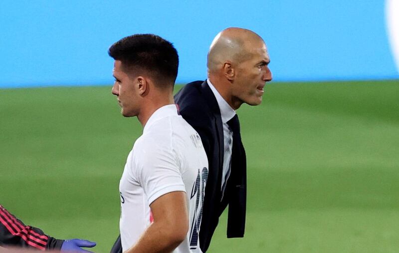 Real Madrid coach Zinedine Zidane greets striker Luka Jovic after his substitution. EPA