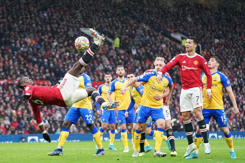Manchester United's Paul Pogba attempts an overhead kick in the Premier League game against Southampton at Old Trafford in 2022. AP 