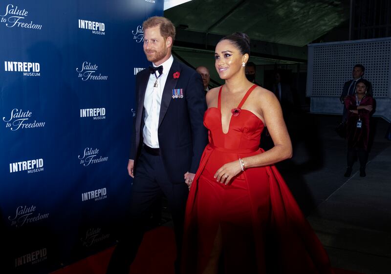 Prince Harry and Meghan arrive at the Intrepid Sea, Air & Space Museum for the Salute to Freedom Gala in New York, in November 2021. AP