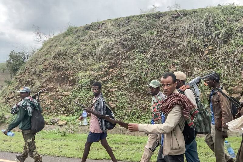 Amhara militia on patrol. The Amhara government announced that local forces would go on the offensive against rebels from northern neighbour Tigray.