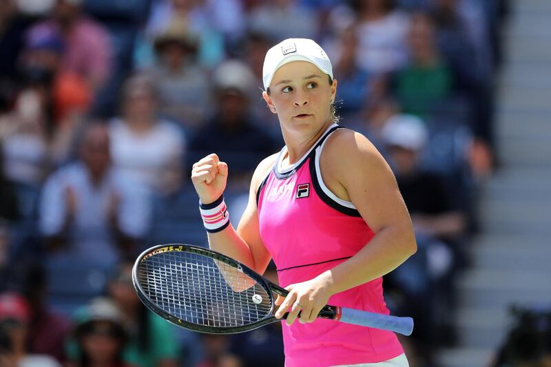 NEW YORK, NEW YORK - AUGUST 26: Ashleigh Barty of Australia celebrates match point during her women's singles first round match against Zarina Diyas of Kazakhstan during day one of the 2019 US Open at the USTA Billie Jean King National Tennis Center on August 26, 2019 in the Flushing neighborhood of the Queens borough of New York City.   Elsa/Getty Images/AFP
== FOR NEWSPAPERS, INTERNET, TELCOS & TELEVISION USE ONLY ==
