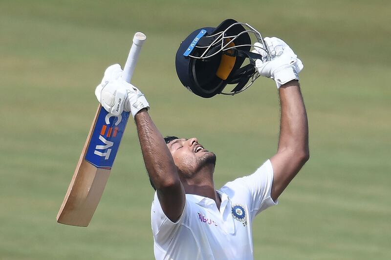 Indian cricketer Mayank Agarwal celebrates reaching 200 in the first Test against South Africa in Visakhapatnam on Thursday, October 3. Getty