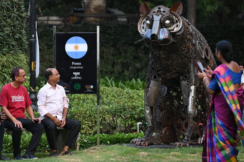A scrap iron sculpture of a puma, the national animal of Argentina is displayed at a park in New Delhi ahead of the G20 India summit. AFP