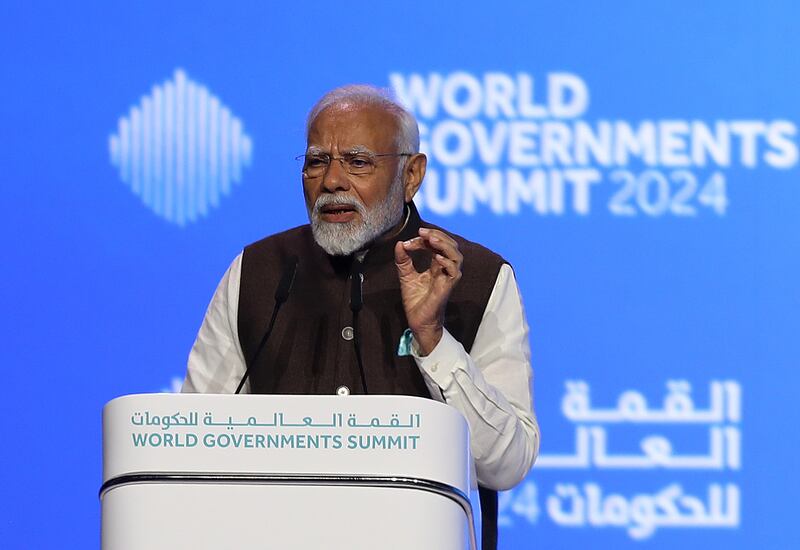 Narendra Modi, Prime Minister of India, makes a speech on the final day of the World Governments Summit in Dubai. Chris Whiteoak / The National