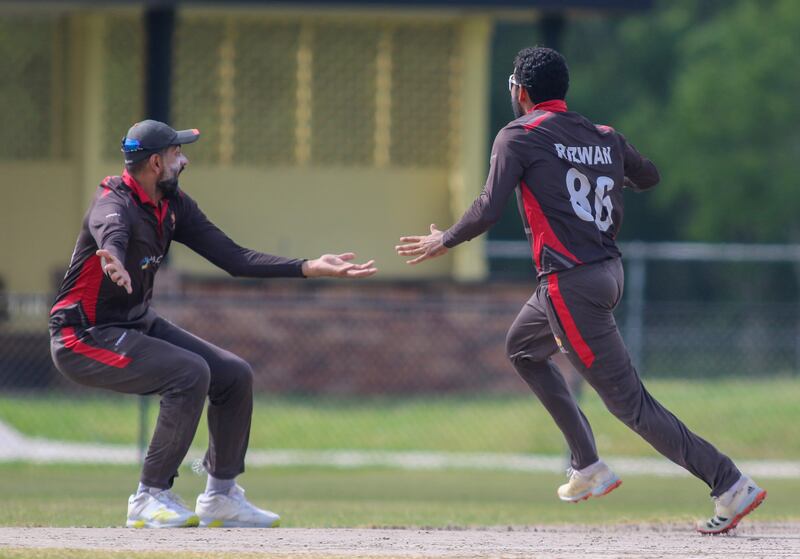 CP Rizwan and Ahmed Raza celebrates after the former dismissed Scotland's in-form batter Richie Berrington in the one-day international in Texas. Photo: USA Cricket