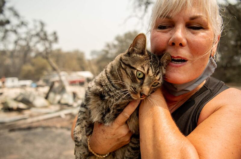 Resident Katie Giannuzzi reacts with joy as she finds her cat Gus in a drain amidst the burned remains of her home in Vacaville, California. AFP
