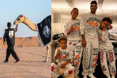 US rapper and producer Swizz Beatz is the first American to own a camel racing team in Saudi. Pictured right, wearing the team's merchandise with his wife, Alicia Keys, and their two children. Instagram / Swizz Beatz
