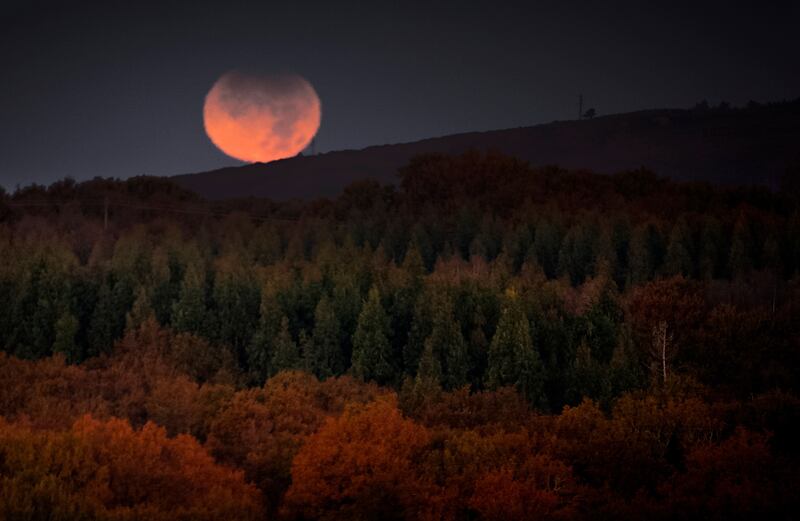 The  partially shaded red-coloured Moon over Palas de Rei, Galicia, in north-west Spain, on November 19, 2021.  The partial lunar eclipse, the last of 2021, was visible from Spain, other parts of Europe, North and South America, Australia and Asia. EPA