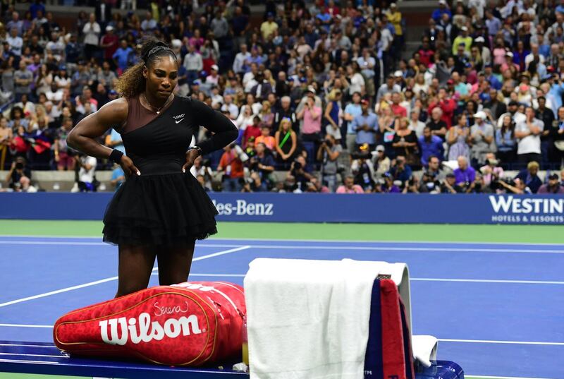 Serena Williams reacts after her defeat in the US Open final. Getty