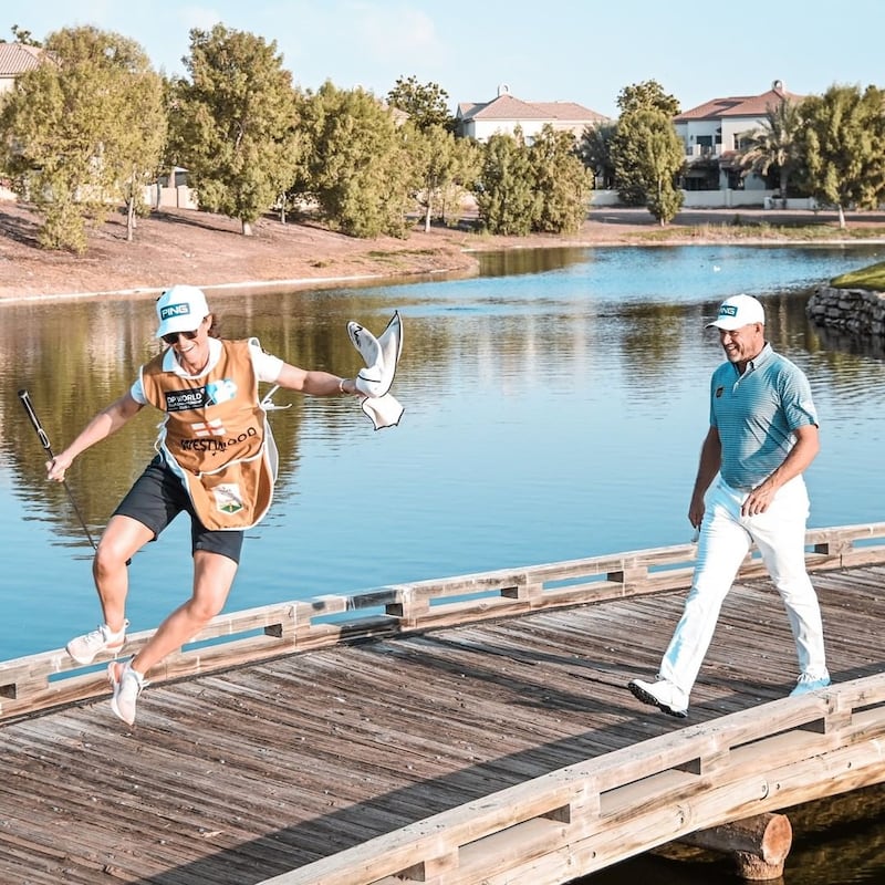 Lee Westwood: The 47-year-old British golfer, who triumphed at the Race to Dubai at Jumeirah Golf Estates, shared this fun snap of himself with his caddy and partner, Helen Storey, writing: ‘Skipping into Sunday.’ Instagram