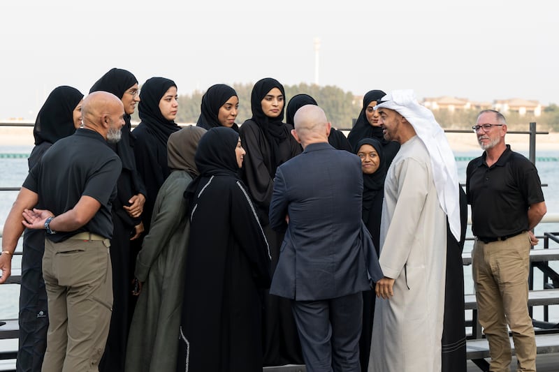The UAE Army Women's mountaineering team with President Sheikh Mohamed during a Sea Palace barza. Credit: UAE Presidential Court