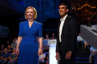 Liz Truss and Rishi Sunak at the BBC television debate on Monday night where they argued who was better suited to become Britain's next prime minister. AFP