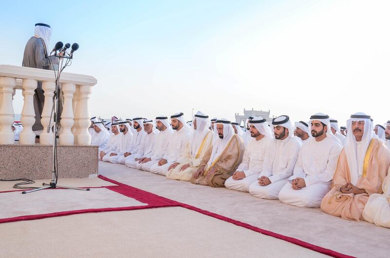 SHARJAH, 15th June, 2018 (WAM) -- H.H. Dr. Sheikh Sultan bin Mohammed Al Qasimi, Supreme Council Member and Ruler of Sharjah, this morning performed Eid al-Fitr prayer at Al Badea Mussala in the Emirate of Sharjah.

H.H. Sheikh Sultan bin Mohammed bin Sultan Al Qasimi, Crown Prince and Deputy Ruler of Sharjah, H.H. Sheikh Abdullah bin Salem bin Sultan Al Qasimi, Deputy Ruler of Sharjah, Sheikh Khalid bin Abdullah Al Qasimi, Chairman of the Department of Seaports and Customs, Sheikh Sultan bin Ahmed Al Qasimi, Chairman of Sharjah Media Corporation, a number of Sheikhs, Dr. Abdul Rahman bin Mohammad bin Nasser Al Owais, Minister of Health and Prevention, a number of officials and a group of worshipers also prayed along with the Ruler of Sharjah.

After the prayers, the Ruler of Sharjah and the Crown Prince accepted Eid greetings from the worshipers. Wam