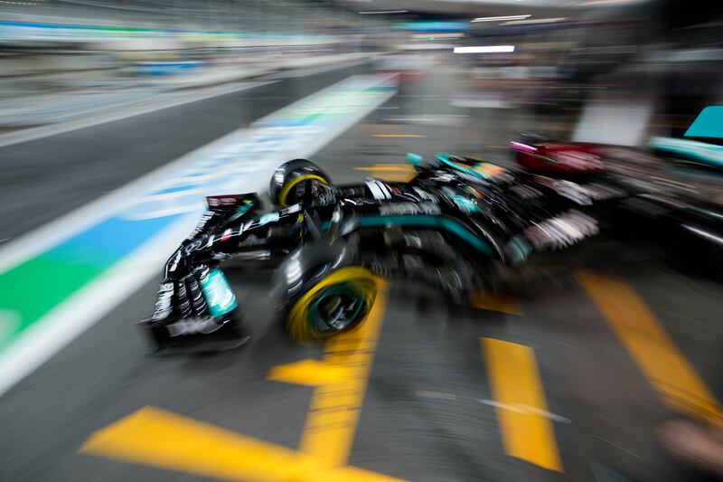 Mercedes driver Lewis Hamilton of Britain leaves the pit lane during practice session for the Saudi Arabian Grand Prix in Jeddah, Friday, December 3, 2021. AP Photo