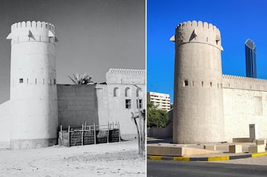 An archival image of Qasr Al Hosn taken at some point in the 1950s, and in 2021. BP Archive / Victor Besa / The National 