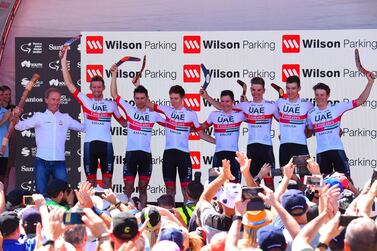UAE Team Emirates riders on the podium after winning the team competition at the Tour Down Under. Courtesy UAE Team Emirates