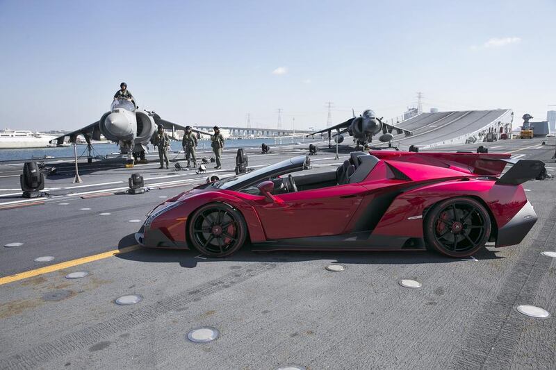 The Dh16 million Lamborghini Veneno Roadster was unveiled in Abu Dhabi aboard the Cavour. Silvia Razgova / The National