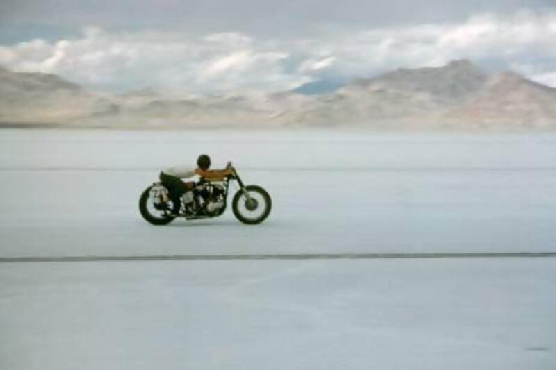 A motorcyclist on the Bonneville salt flats, similar to a scene in Rachel Kushner's second novel The Flamethrowers, in which the main character crashes her bike on the flats.. JR Eyerman / Time & Life Pictures / Getty Images