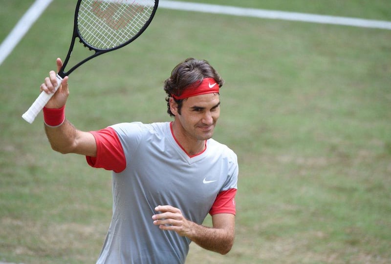 Roger Federer reacts after his win over Kei Nishikori in the Gerry Weber Open semi-finals on Saturday. Thomas Starke / Bongarts / Getty Images / June 13, 2014 