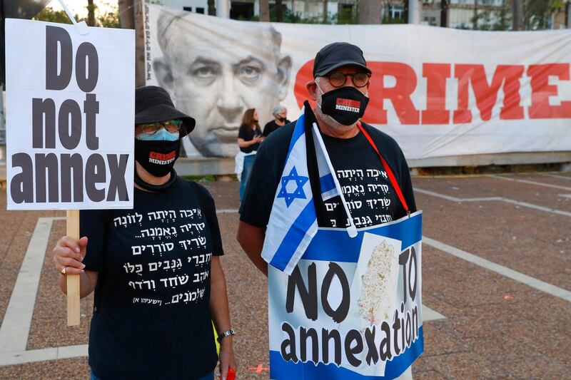 Protesters gather in Tel Aviv's Rabin Square on June 6, 2020, to denounce Israel's plan to annex parts of the occupied West Bank. Israeli Prime Minister Benjamin Netanyahu has vowed to forge ahead with President Donald Trump's Middle East peace plan. AFP