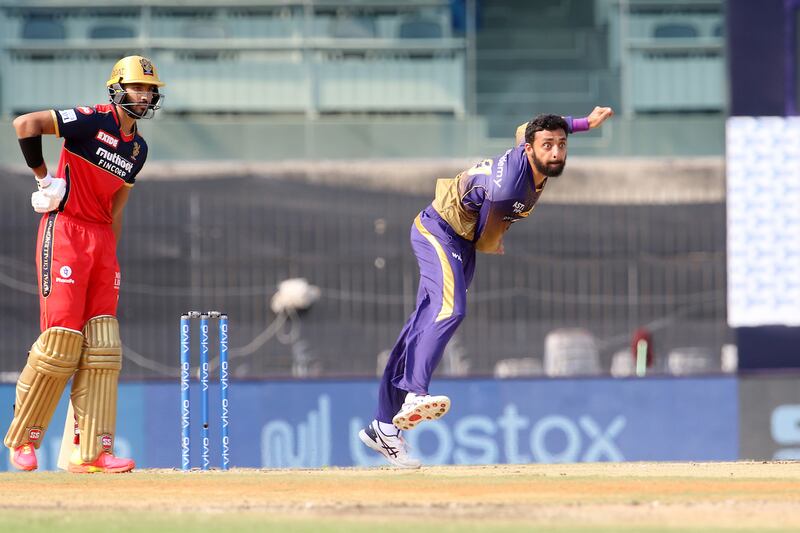 Varun Chakaravarthy of Kolkata Knight Riders bowls during match 10 of the Vivo Indian Premier League 2021 between the Royal Challengers Bangalore and the Kolkata Knight Riders held at the M. A. Chidambaram Stadium, Chennai on the 18th April 2021.

Photo by Vipin Pawar / Sportzpics for IPL