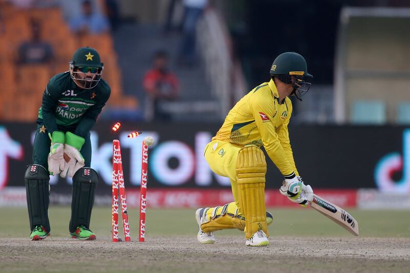 Australia's Alex Carey is bowled by Pakistan's Zahid Mahmood. AP