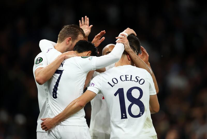 Harry Kane celebrates with Tottenham team mates after scoring his sides fifth goal against NS Mura at Tottenham Hotspur Stadium. Getty