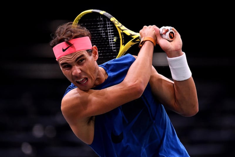 PARIS, FRANCE - OCTOBER 28: Rafael Nadal of Spain plays a backhand during practice ahead of the Rolex Paris Masters on October 28, 2018 in Paris, France. (Photo by Justin Setterfield/Getty Images)