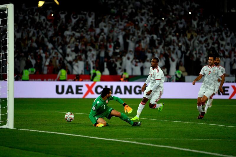 Khalil, second left, scores a penalty. AFP