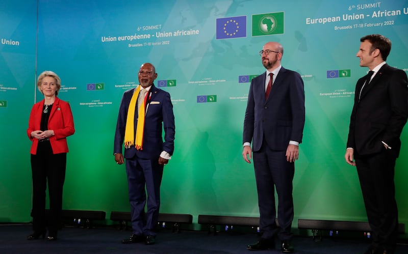 European Commission president Ursula von der Leyen, Ugandan Foreign Minister Jeje Odongo, European Council president Charles Michel and French President Emmanuel Macron at the sixth EU-African Union summit in Brussels. EPA