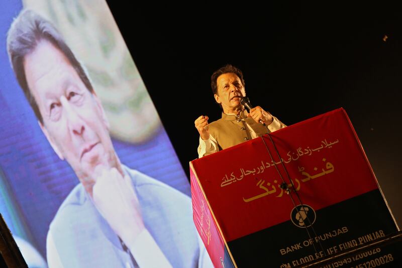 Former Pakistan prime minister Imran Khan at a campaign event in the northern city of Peshawar. EPA