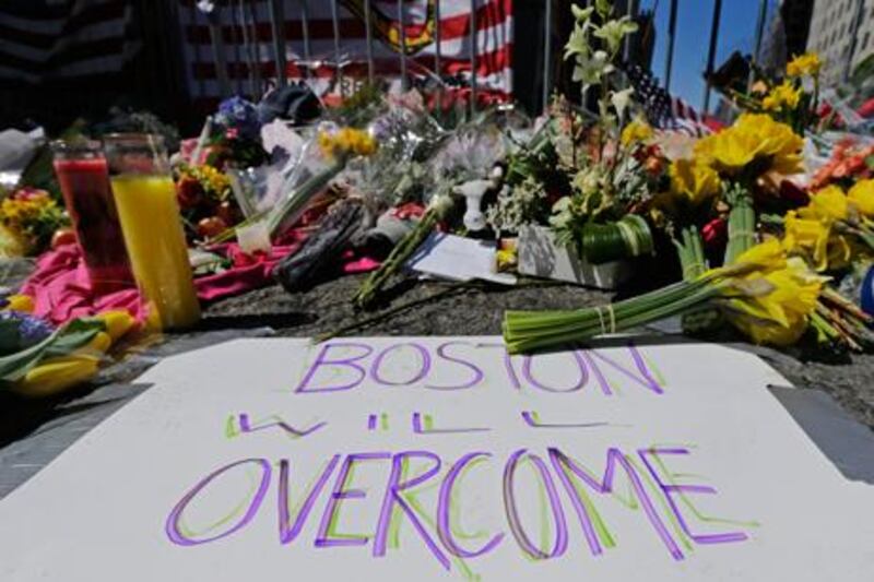 Flowers and tributes left at the site of the Boston Marathon bombing.