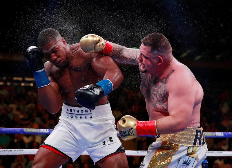 FILE PHOTO: Boxing - Anthony Joshua v Andy Ruiz Jr - WBA Super, IBF, WBO & IBO World Heavyweight Titles - Madison Square Garden, New York, United States - June 1, 2019   Andy Ruiz Jr in action with Anthony Joshua  Action Images via Reuters/Andrew Couldridge/File Photo