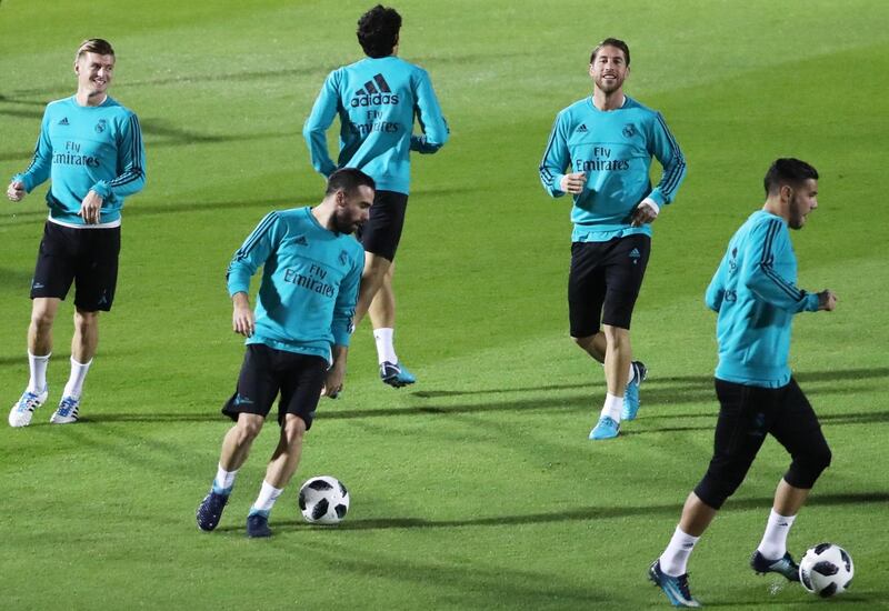 Real Madrid players train ahead of their Fifa Club World Cup semi-final against Al Jazira at New York University Abu Dhabi ground. Karim Sahib / AFP