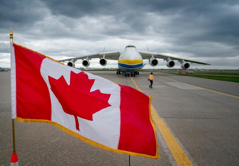 An Antonov An-225 aircraft carrying medical supplies arrives in Toronto on Saturday, May 30, 2020. The Canadian Press via AP