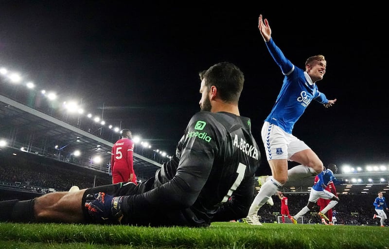 Jarrad Branthwaite celebrates after Dominic Calvert-Lewin scored Everton's second goal. Reuters
