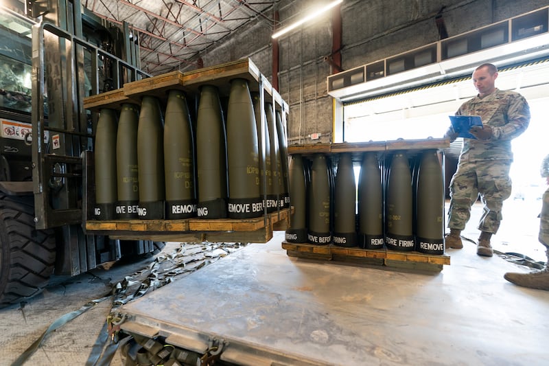 Pallets of 155mm shells ultimately bound for Ukraine are seen at Dover Air Force Base, Delaware. AP