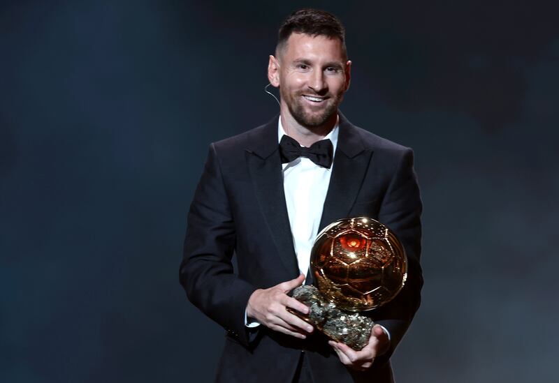 Argentine international Lionel Messi with his eighth Ballon d'Or in Paris on October 30. EPA